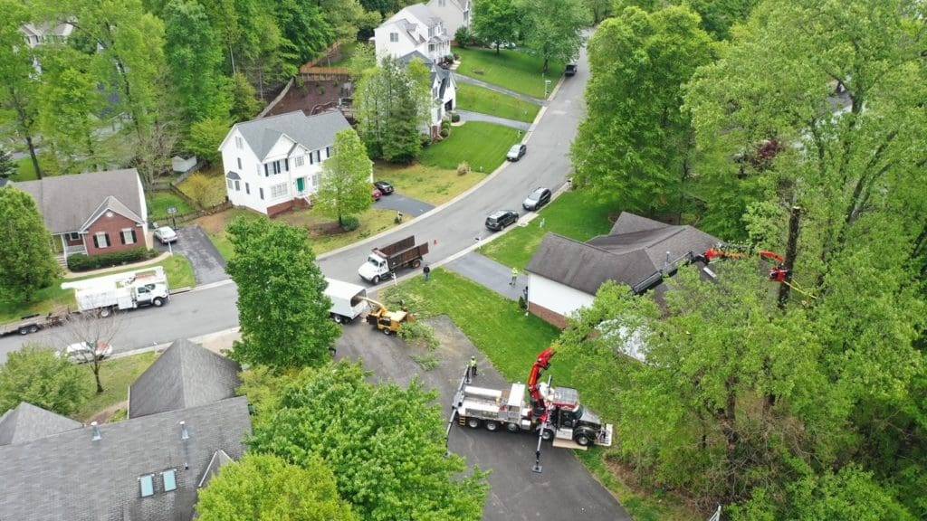 Tree removal operation in residential neighborhood, Conner Tree Service equipment and crew.